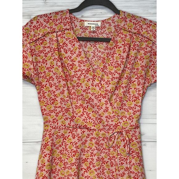 Monteau Blouse Womens Small Pink Red Yellow Floral Short Sleeve Wrap Peplum Top - Picture 2 of 7